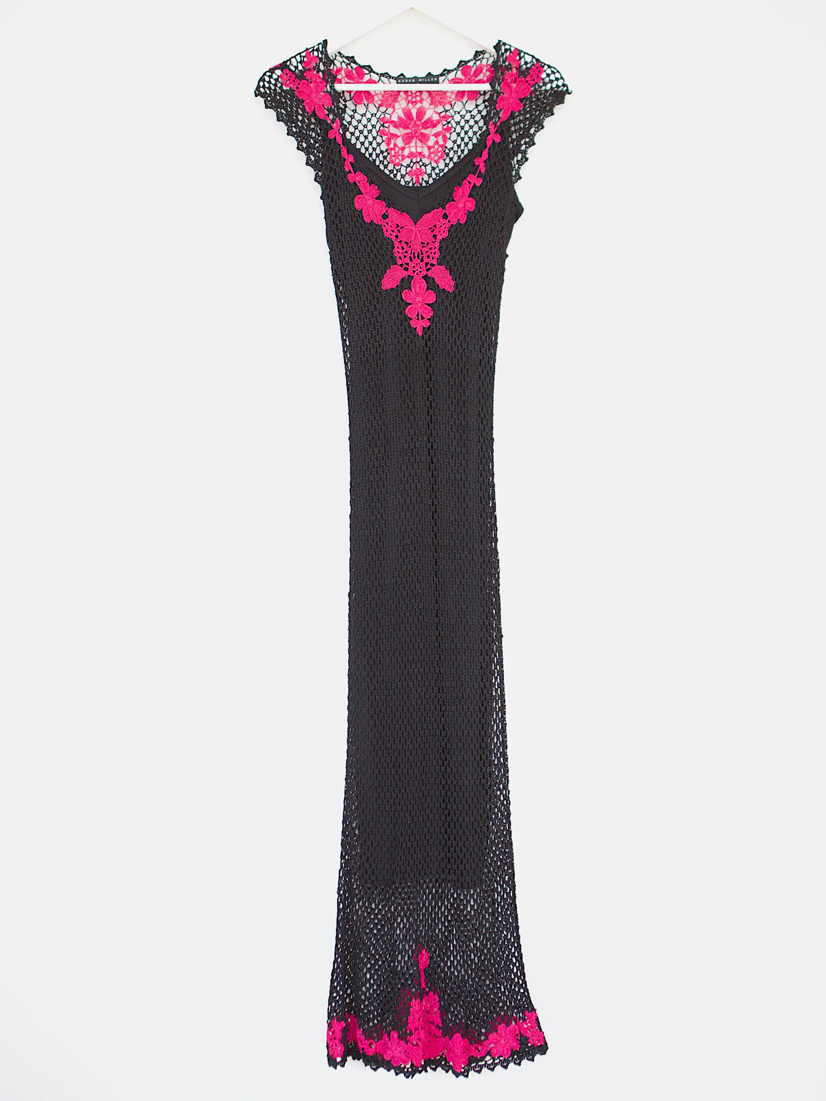 Y2K black crochet dress pink flowers by Karen Millen