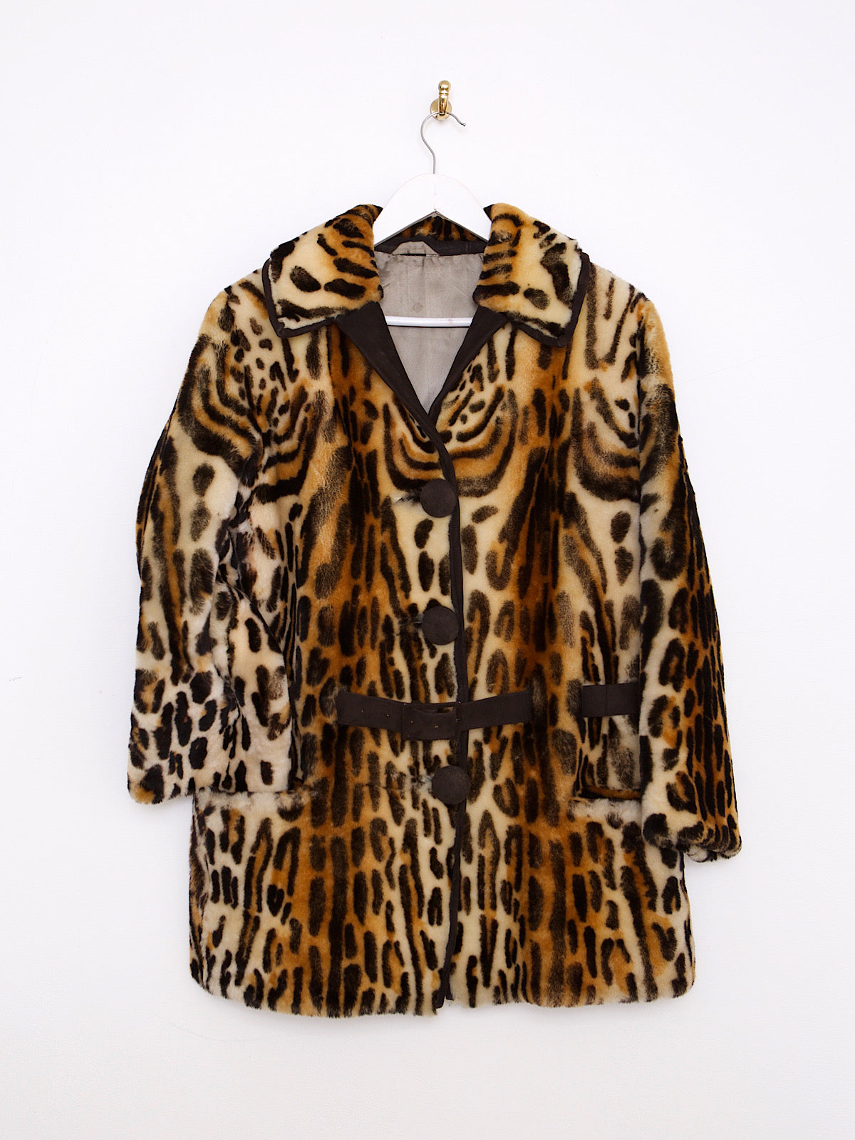 60S VINTAGE FAUX FUR LEOPARD WINTER BELTED COAT