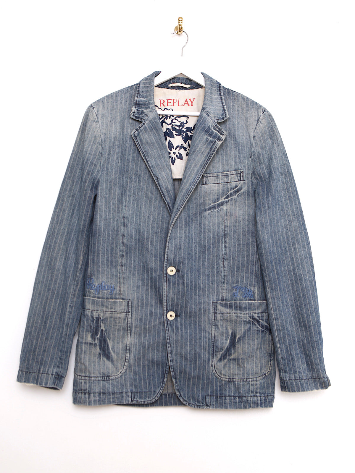 90S VINTAGE REPLAY DENIM BLAZER PINSTRIPE DISTRESSED