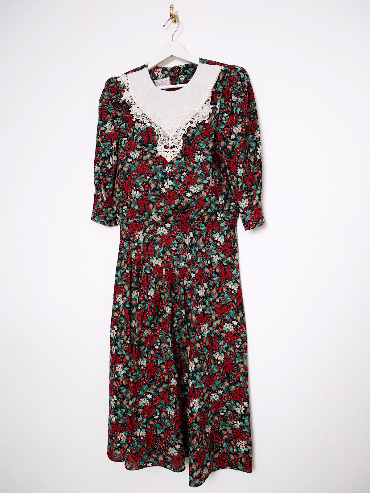 80s vintage midi dress red bows & holly print
