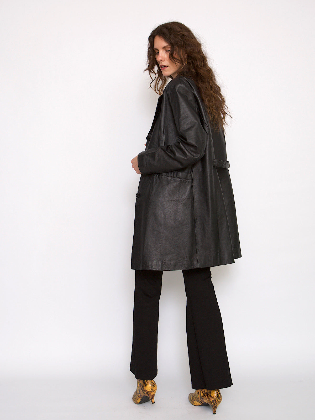 90s vintage black leather jacket long length