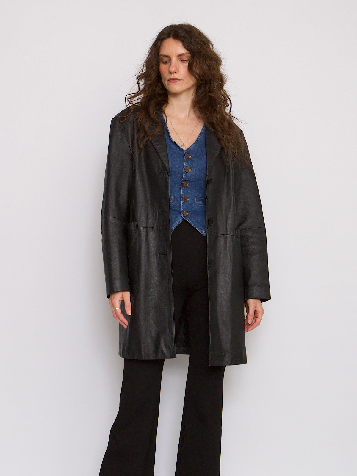 90s vintage black leather jacket long length