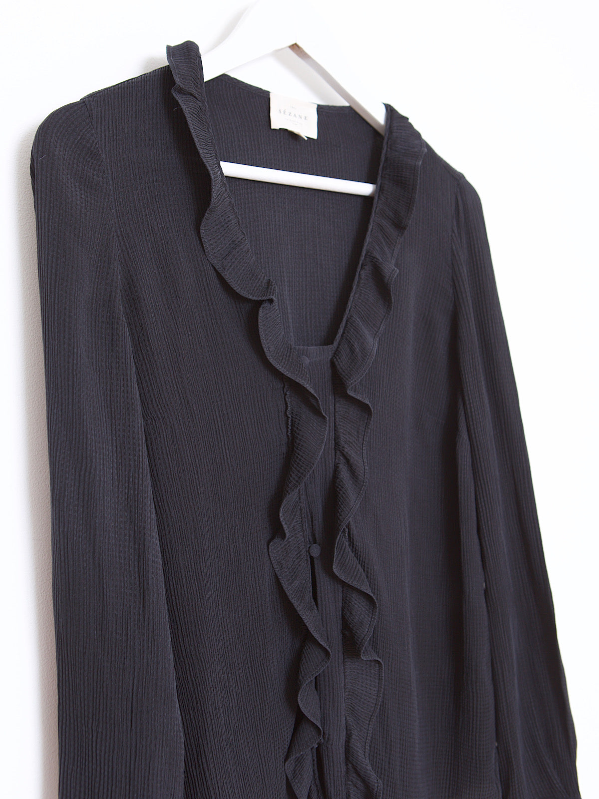 Pure silk black shirt with frills by Cezane