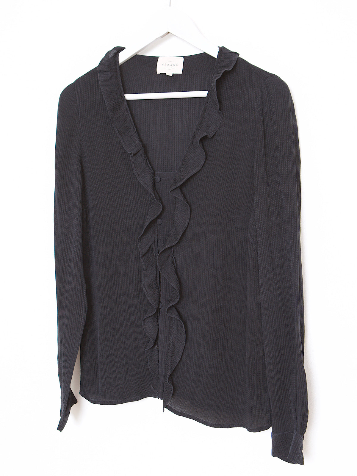 Pure silk black shirt with frills by Cezane