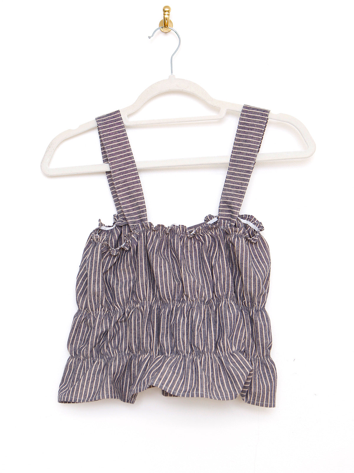Blue and white stripes crop top with shoulder straps and bows