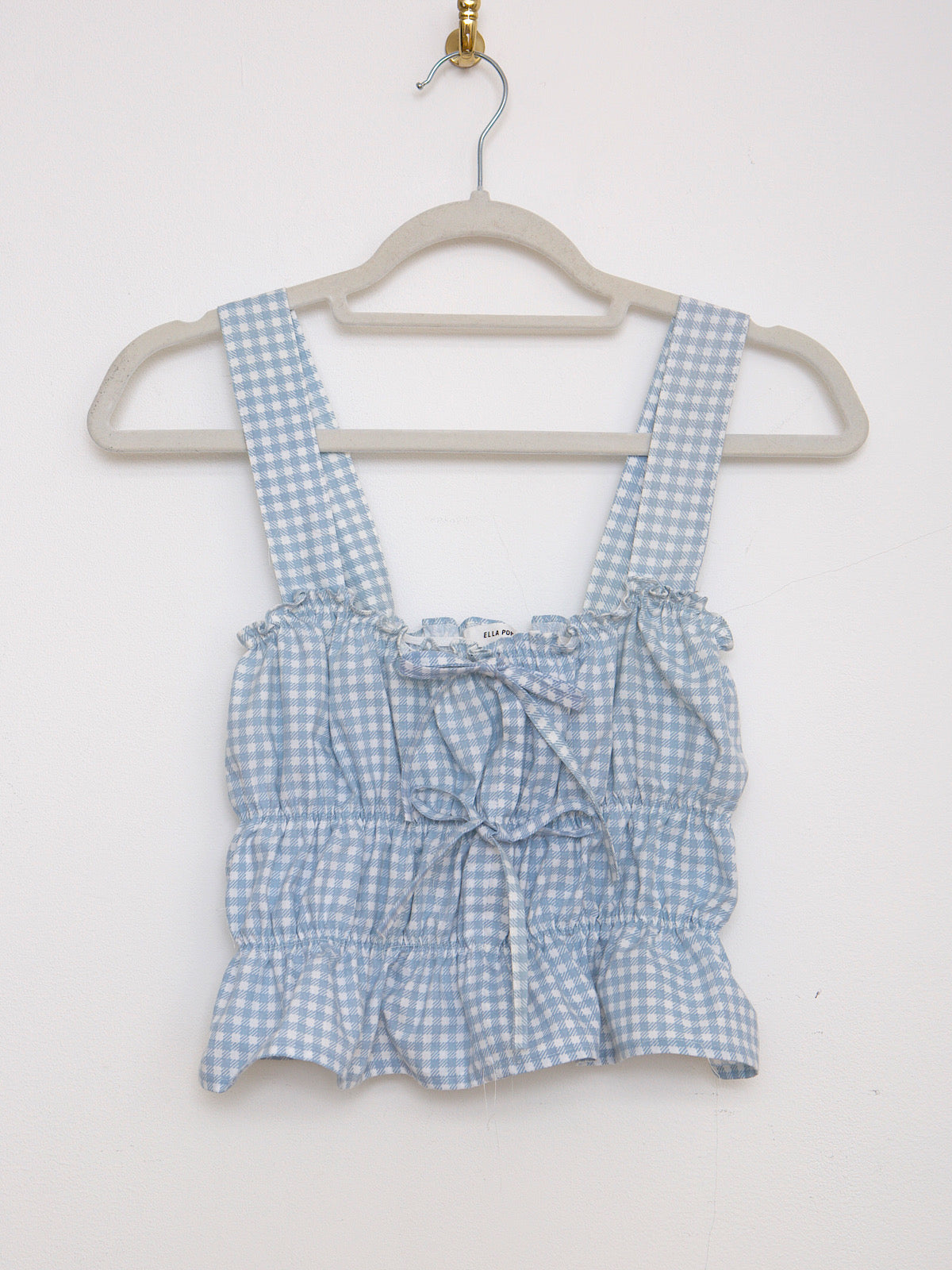 Blue gingham crop top with shoulder traps and front bows