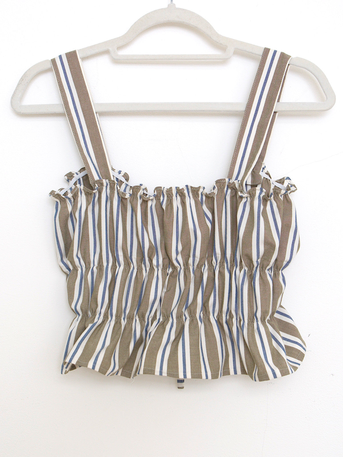 Grey blue & white crop top with shoulder straps and front little bows