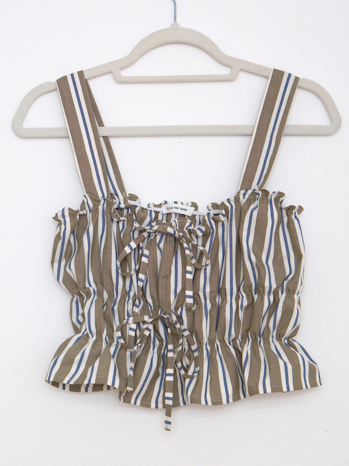 Grey blue & white crop top with shoulder straps and front little bows