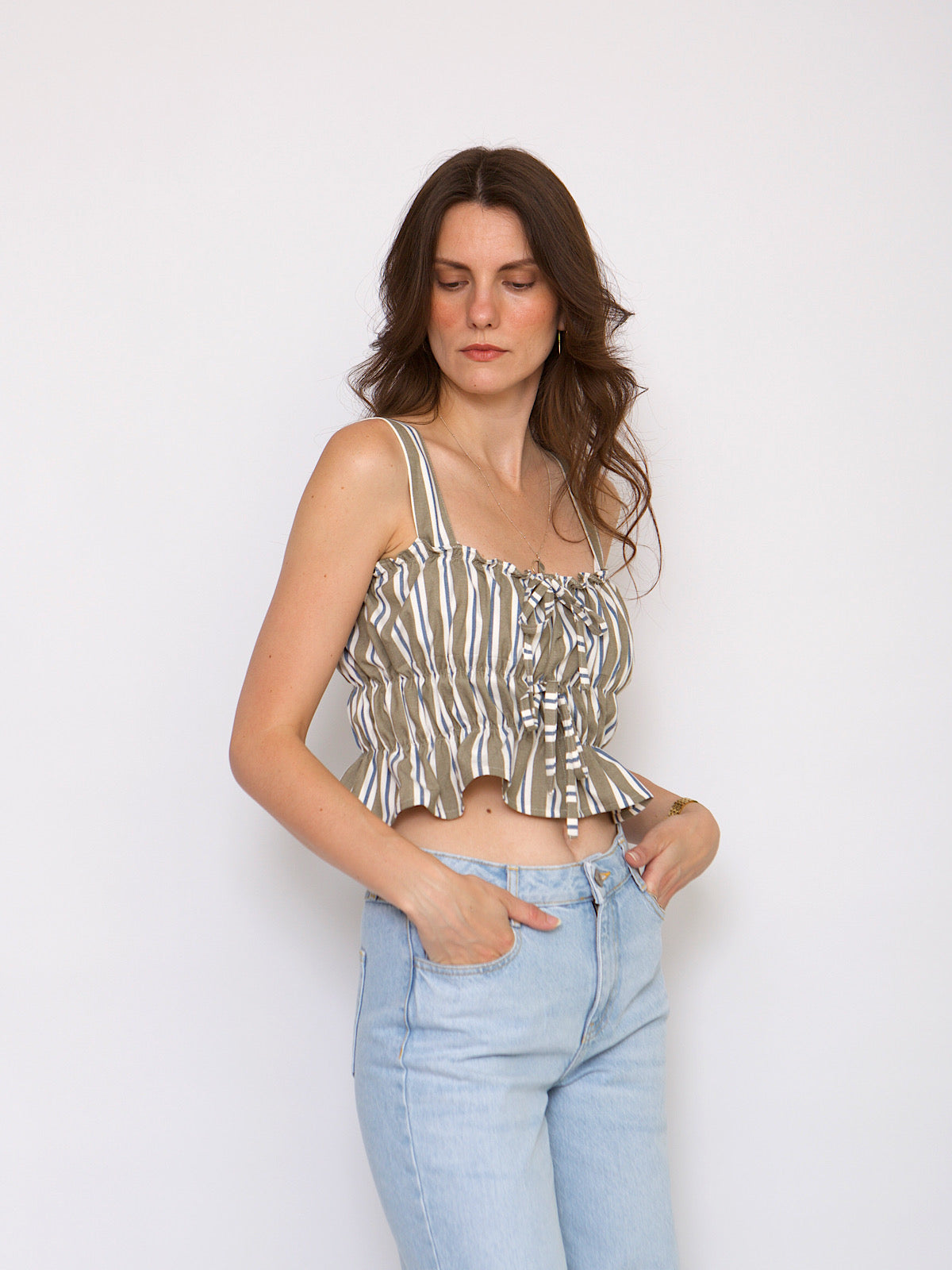 Grey blue & white crop top with shoulder straps and front little bows