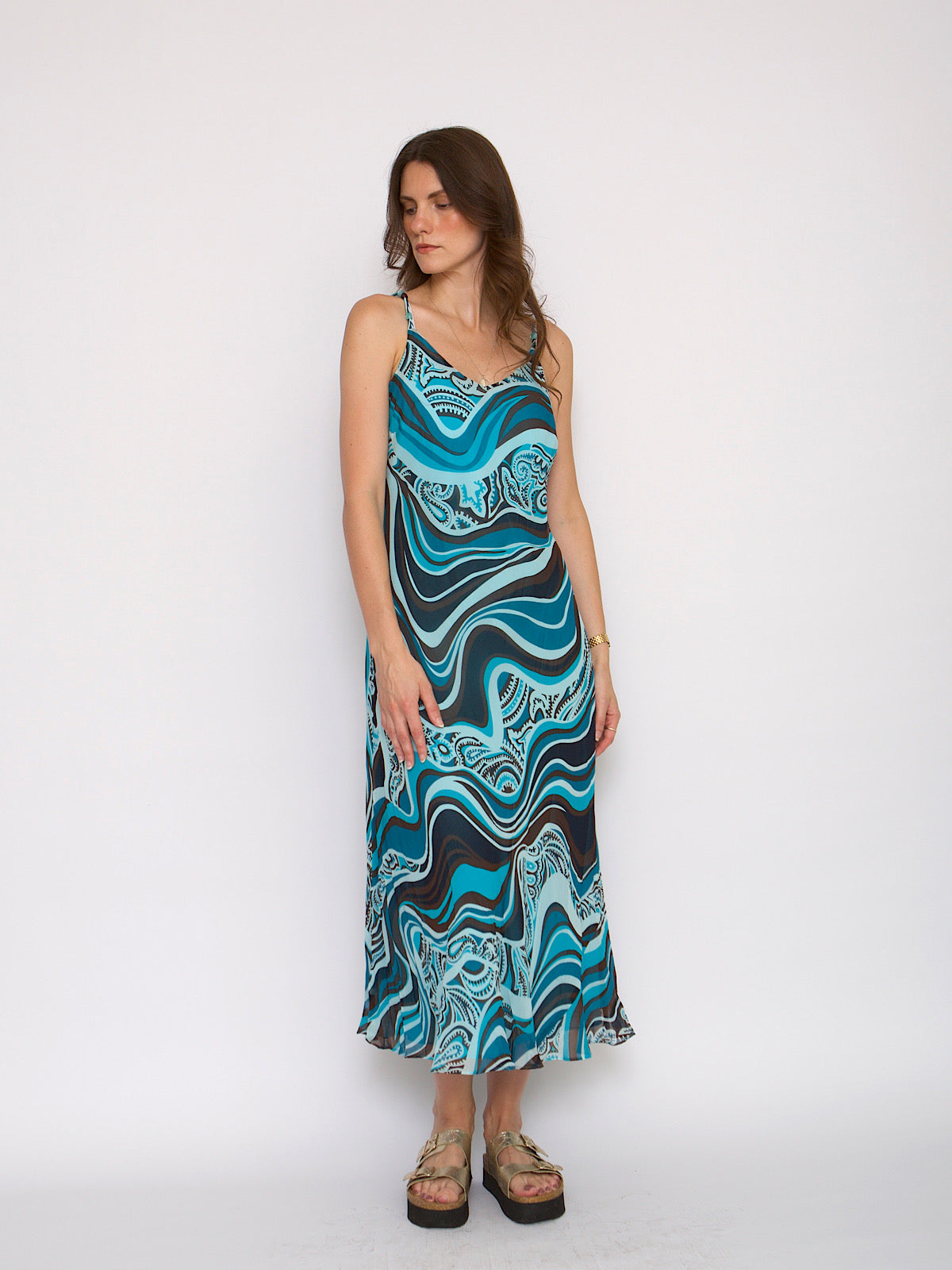 90s silk chiffon slip dress abstract blue print