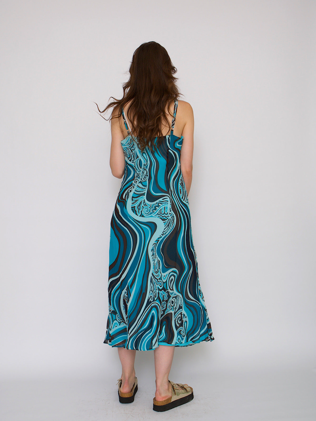 90s silk chiffon slip dress abstract blue print