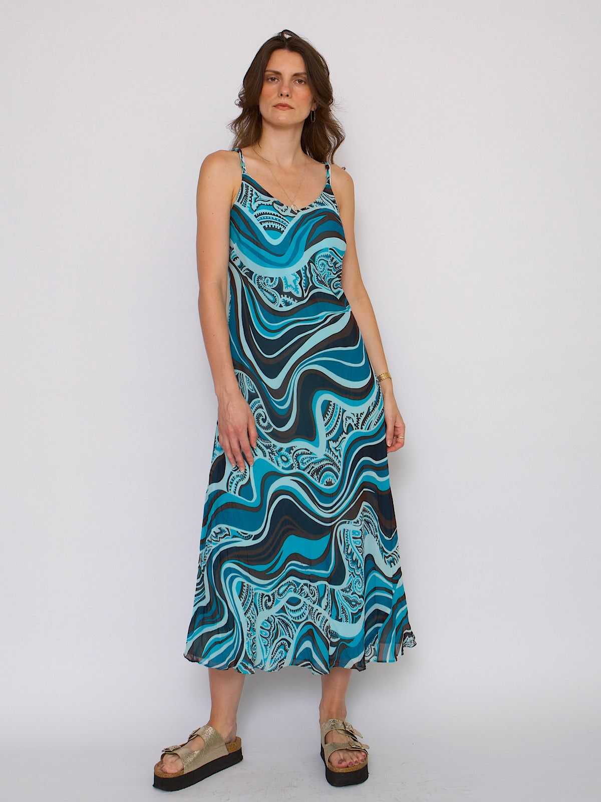 90s silk chiffon slip dress abstract blue print