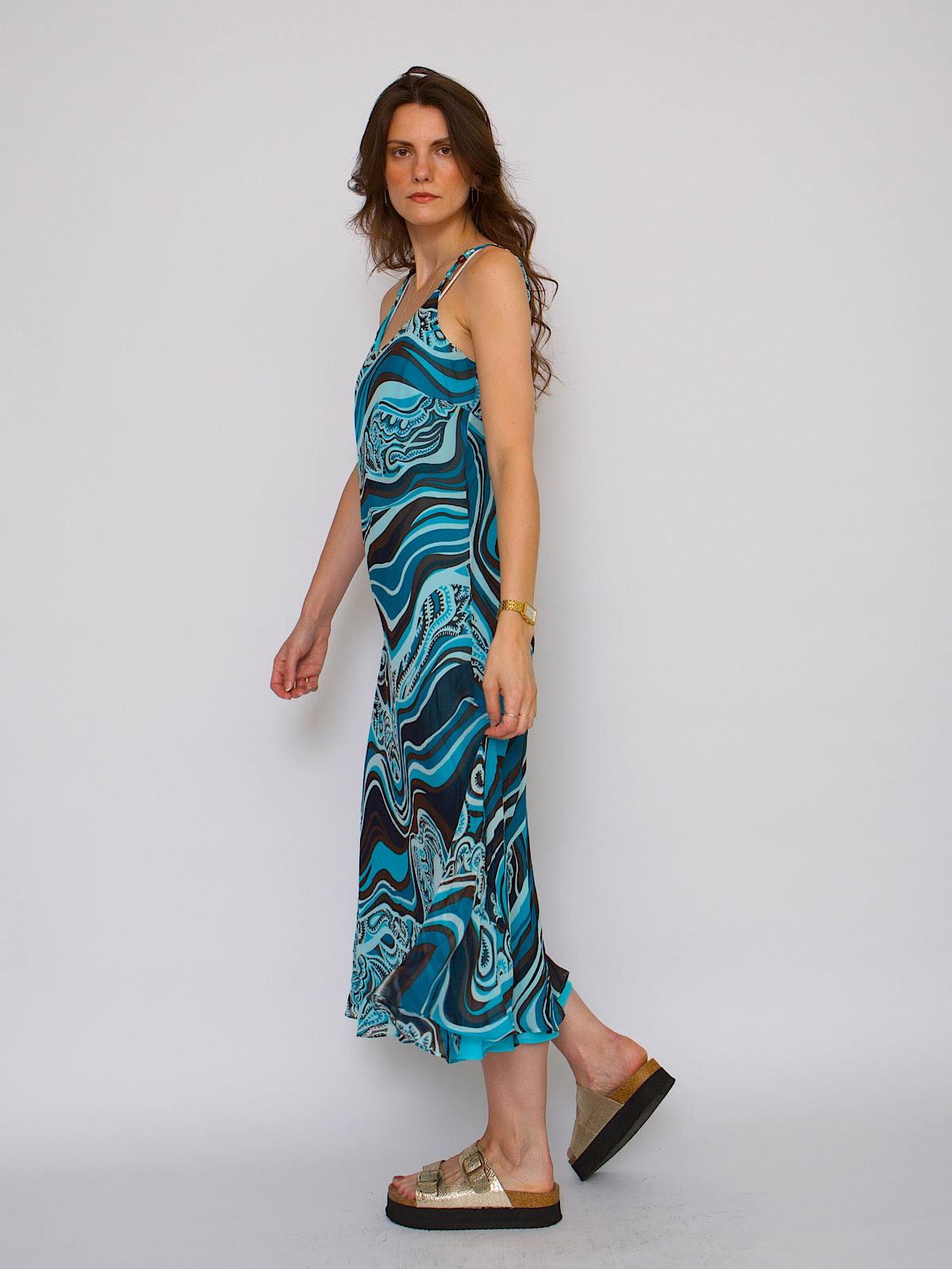 90s silk chiffon slip dress abstract blue print