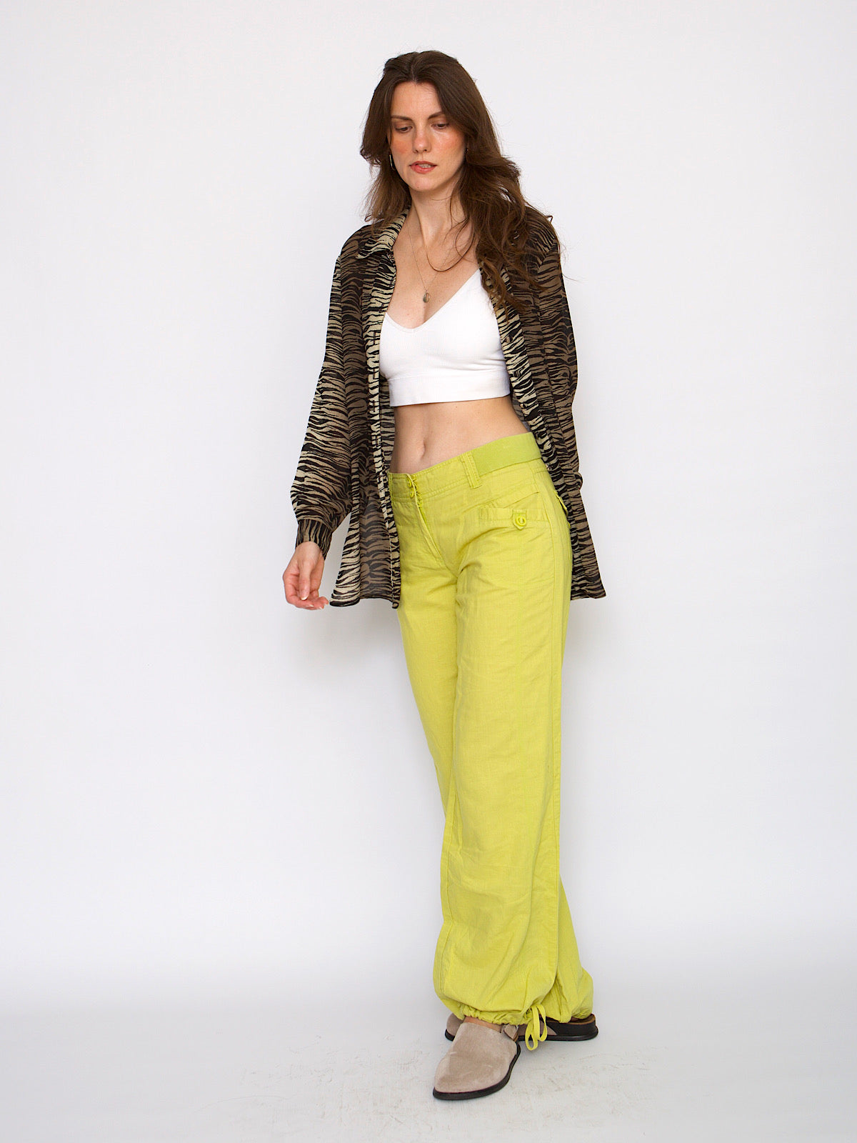 Vintage lime green cargo trousers linen blend
