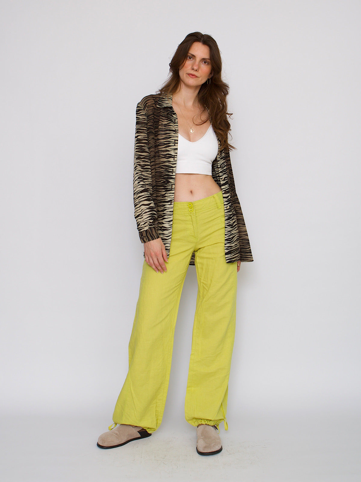 Vintage lime green cargo trousers linen blend