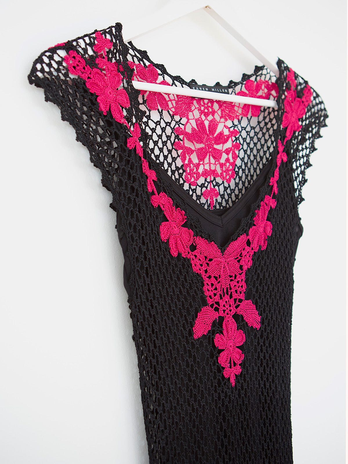 Y2K black crochet dress pink flowers by Karen Millen