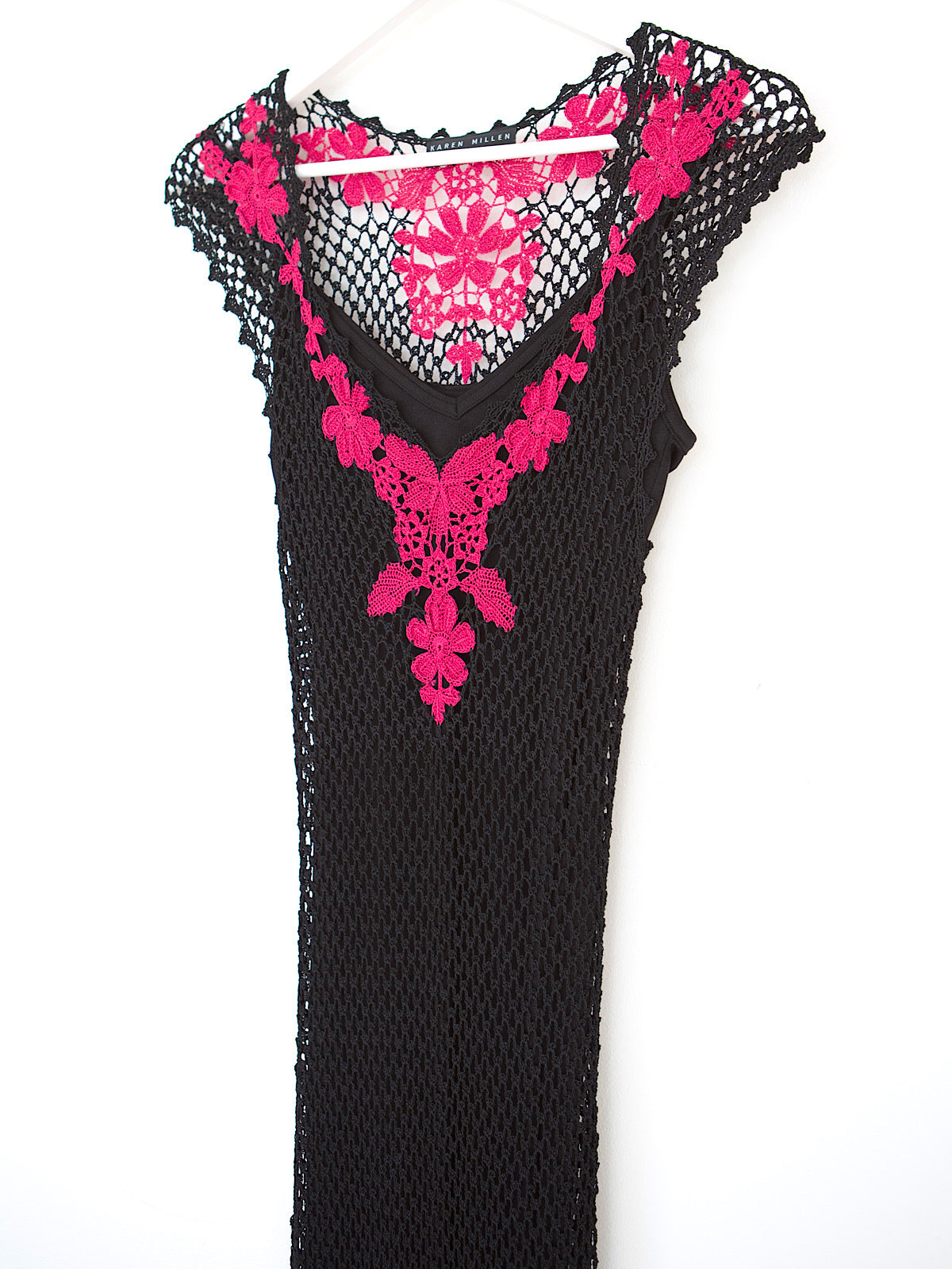 Y2K black crochet dress pink flowers by Karen Millen