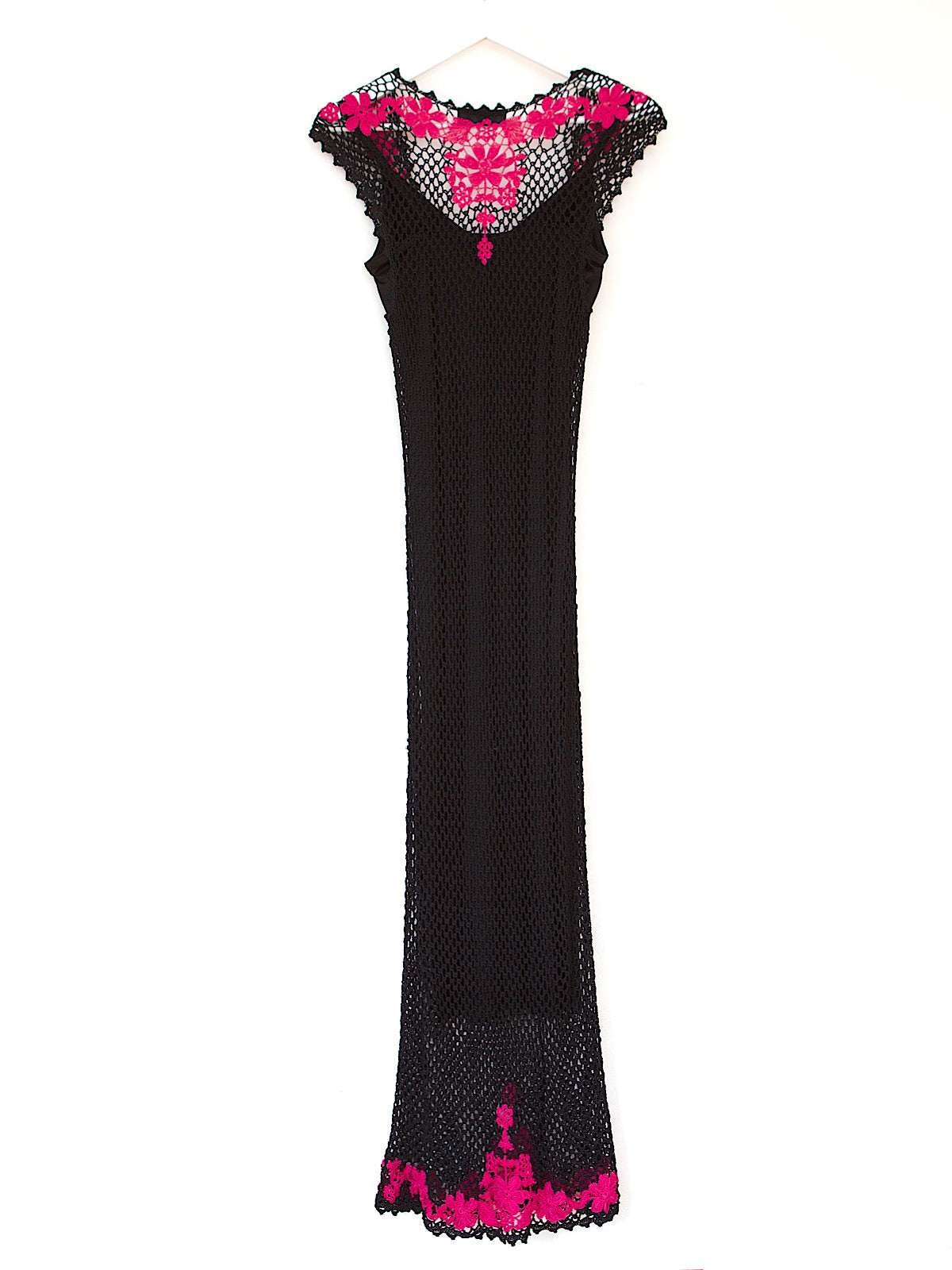 Y2K black crochet dress pink flowers by Karen Millen