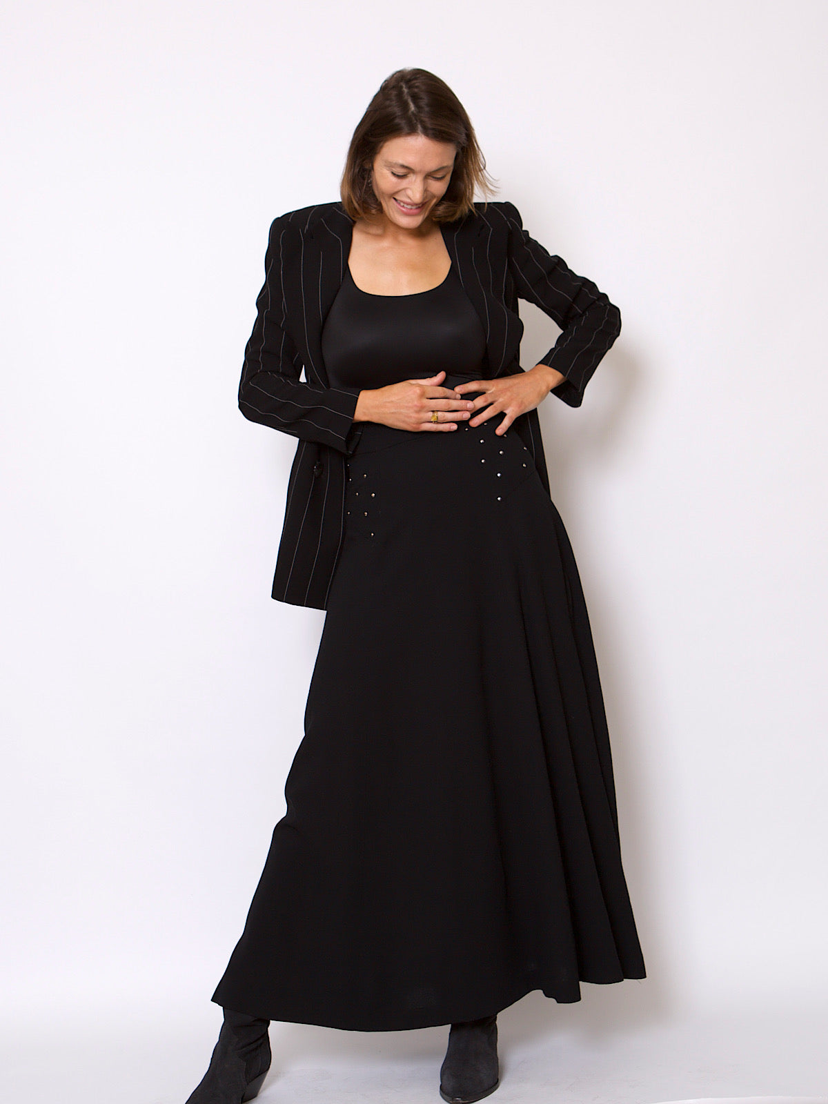 70s BLACK MAXI SKIRT WITH SILVER STUDS