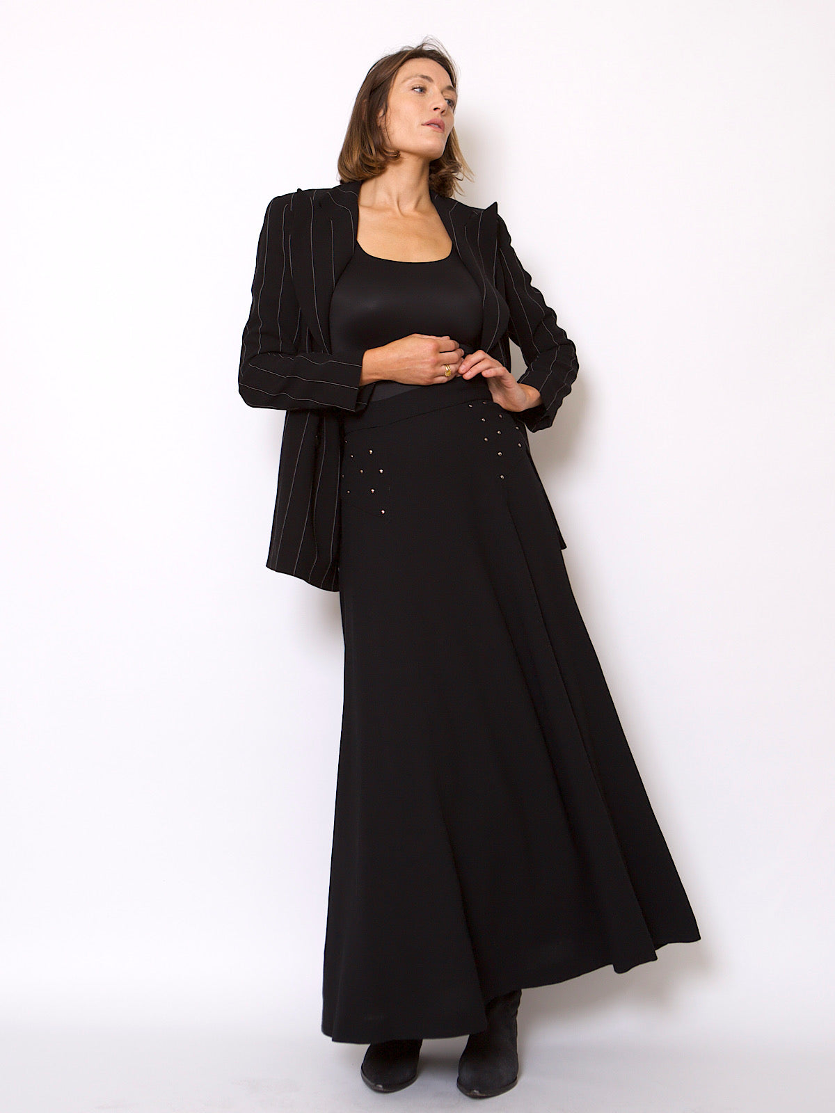 70s BLACK MAXI SKIRT WITH SILVER STUDS