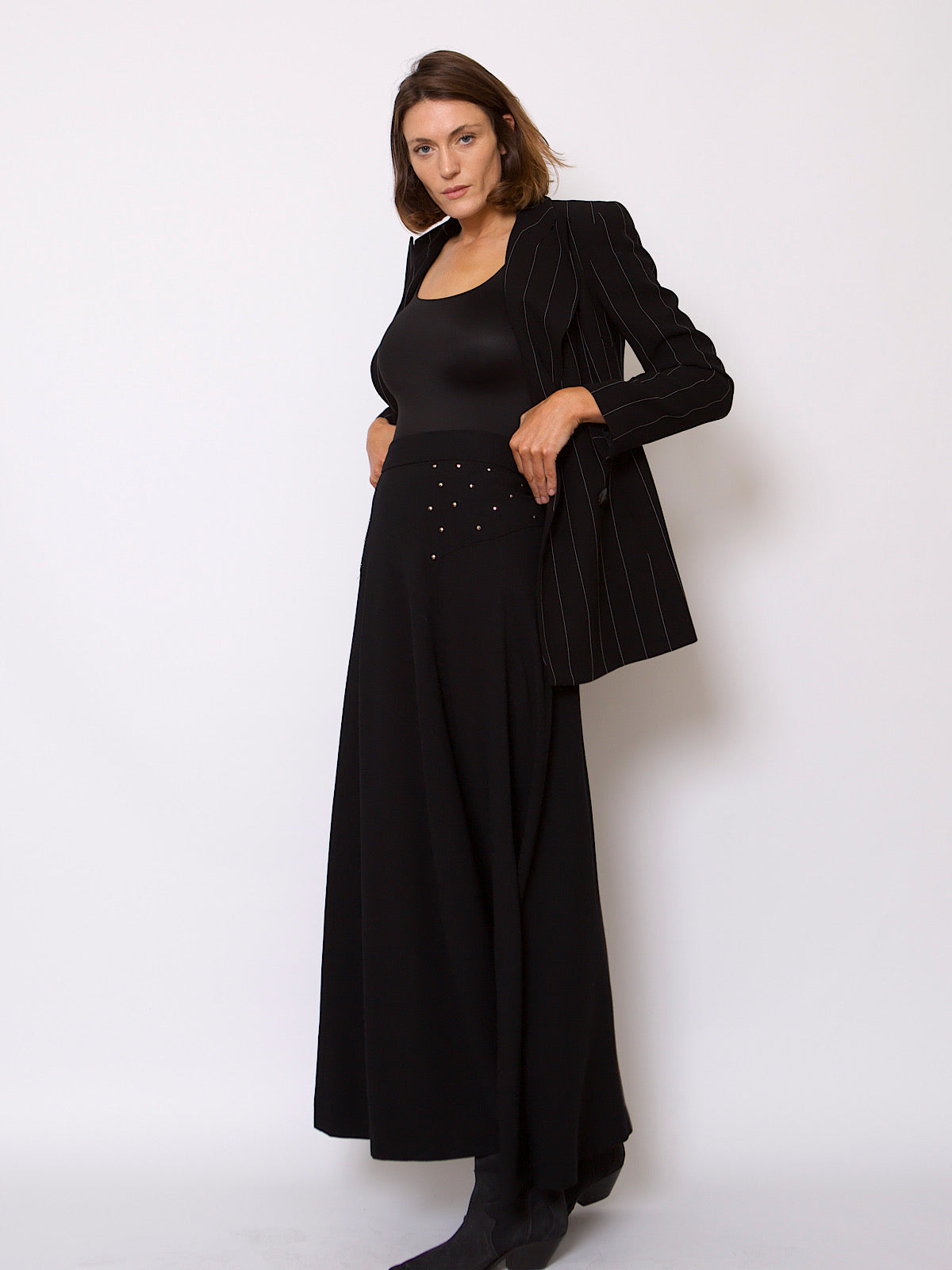 70s BLACK MAXI SKIRT WITH SILVER STUDS