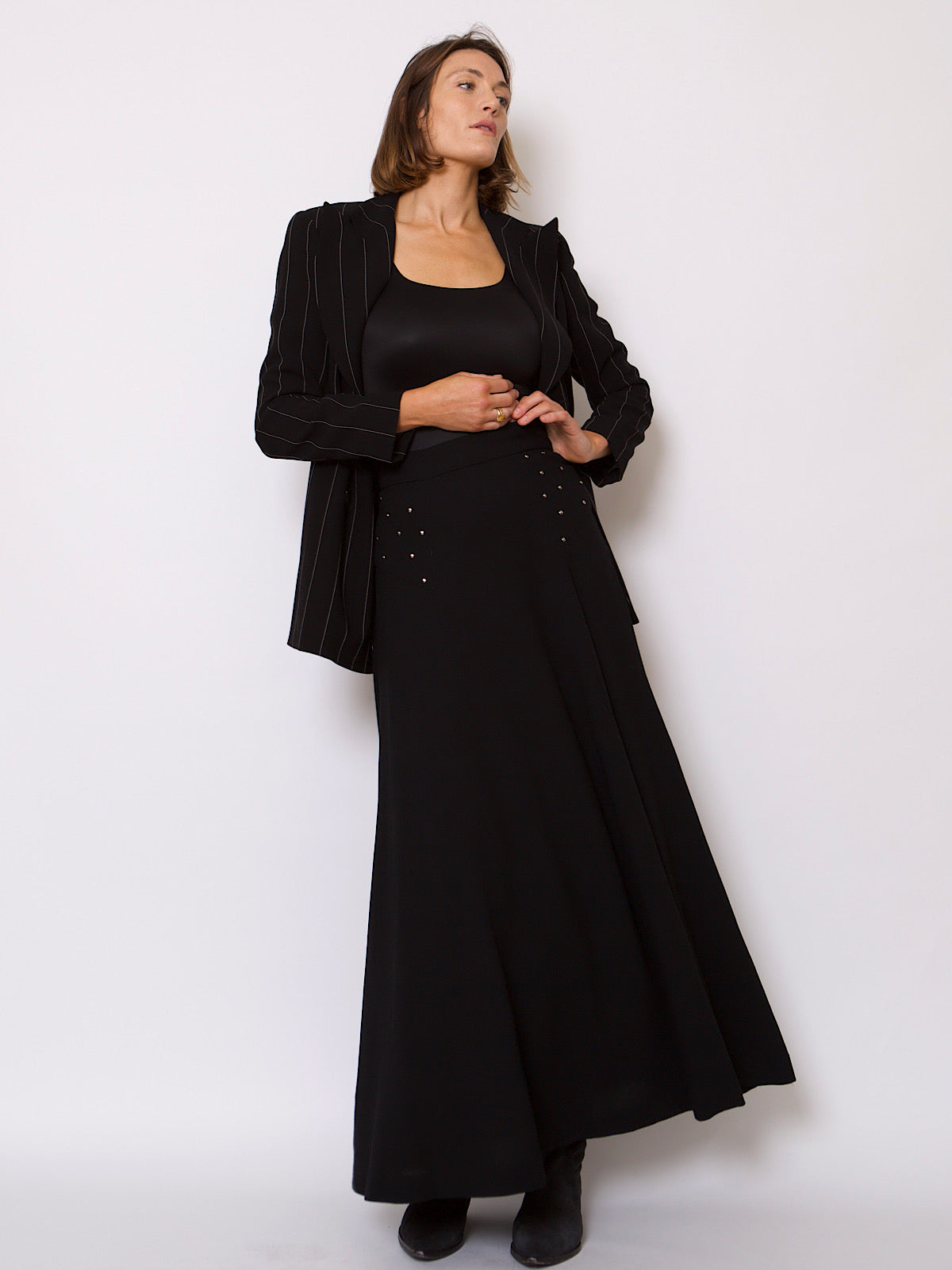 70s BLACK MAXI SKIRT WITH SILVER STUDS