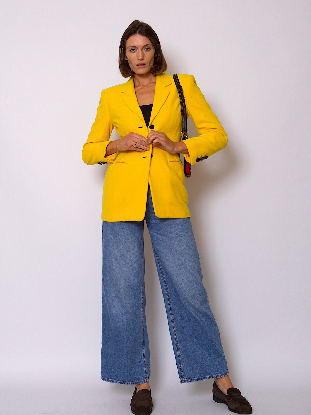 90s VINTAGE ESCADA WOOL YELLOW BLAZER SINGLE BREASTED