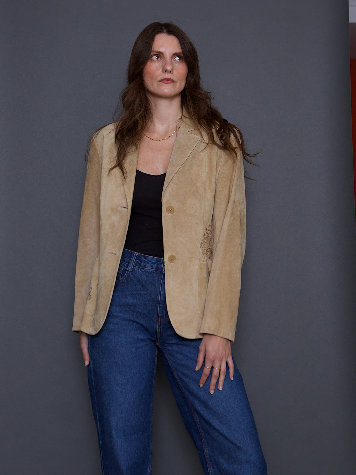 90S VINTAGE SUEDE FITTED JACKET EMBROIDERED