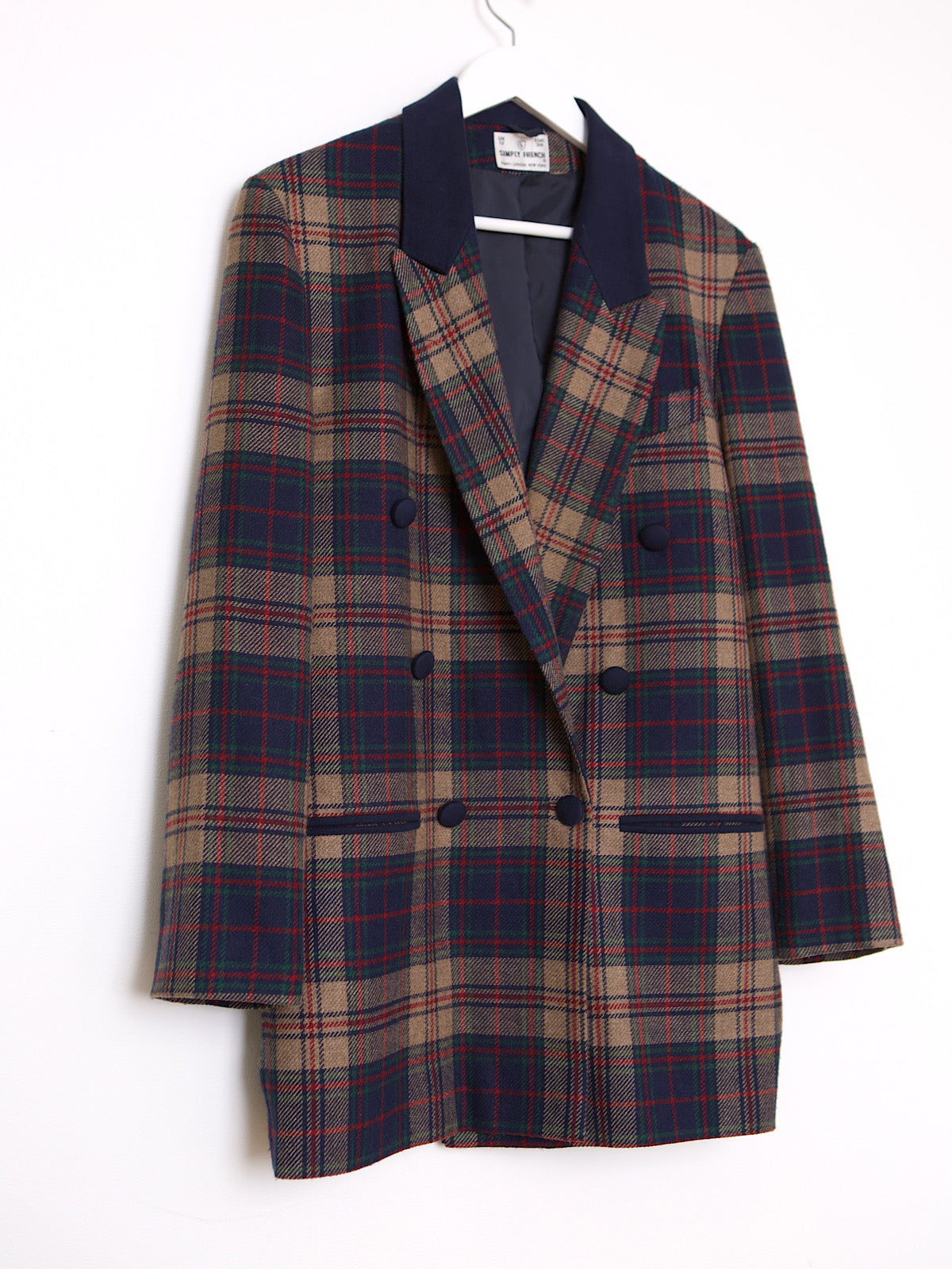 90S VINTAGE NAVY TARTAN BLAZER DOUBLE BREASTED