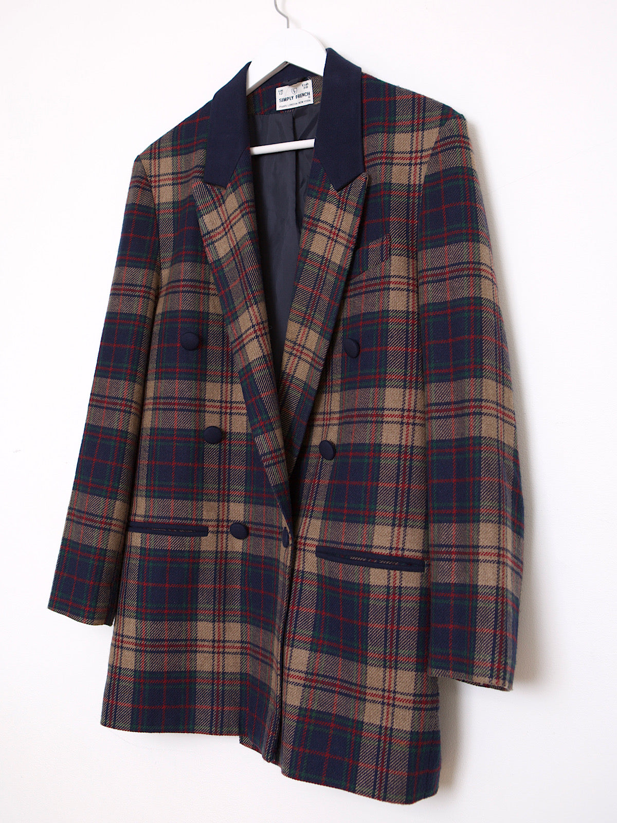 90S VINTAGE NAVY TARTAN BLAZER DOUBLE BREASTED