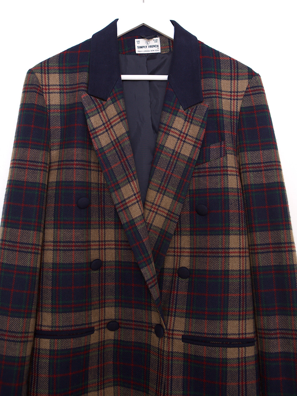 90S VINTAGE NAVY TARTAN BLAZER DOUBLE BREASTED