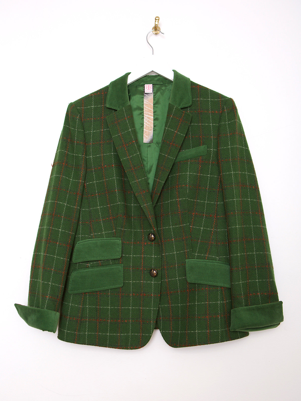 GREEN TARTAN BLAZER VELVET COLLAR