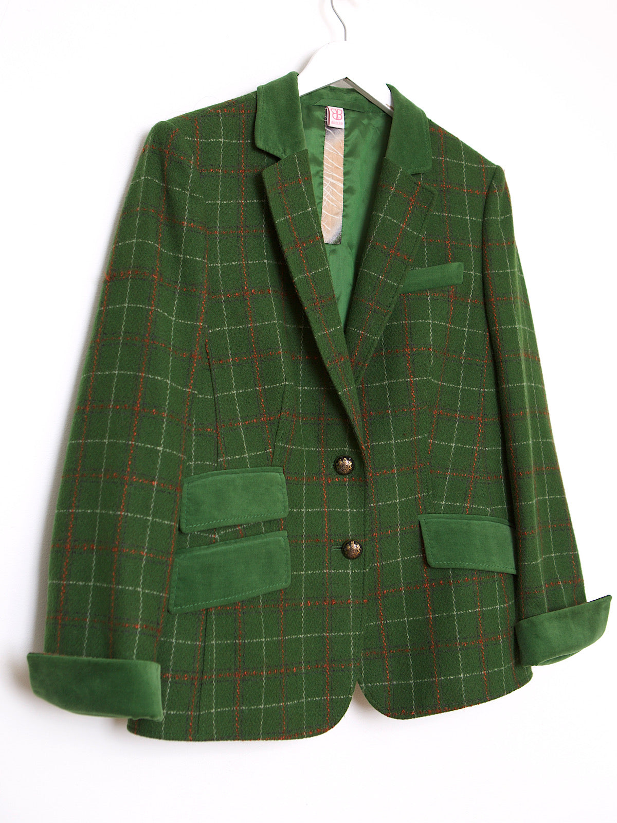 GREEN TARTAN BLAZER VELVET COLLAR