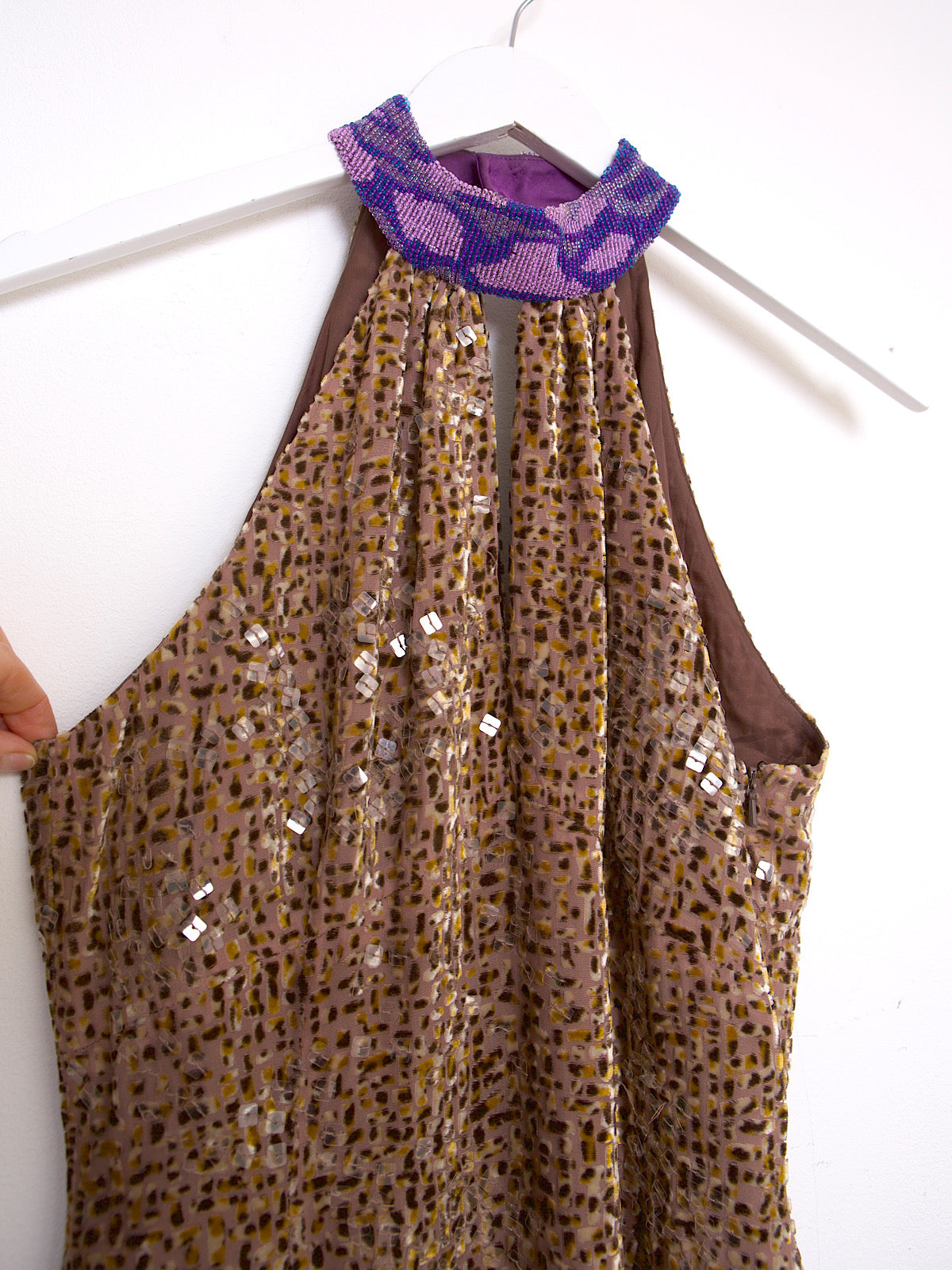 Vintage Y2K party dress with gold sequins and purple velvet alter neck collar.