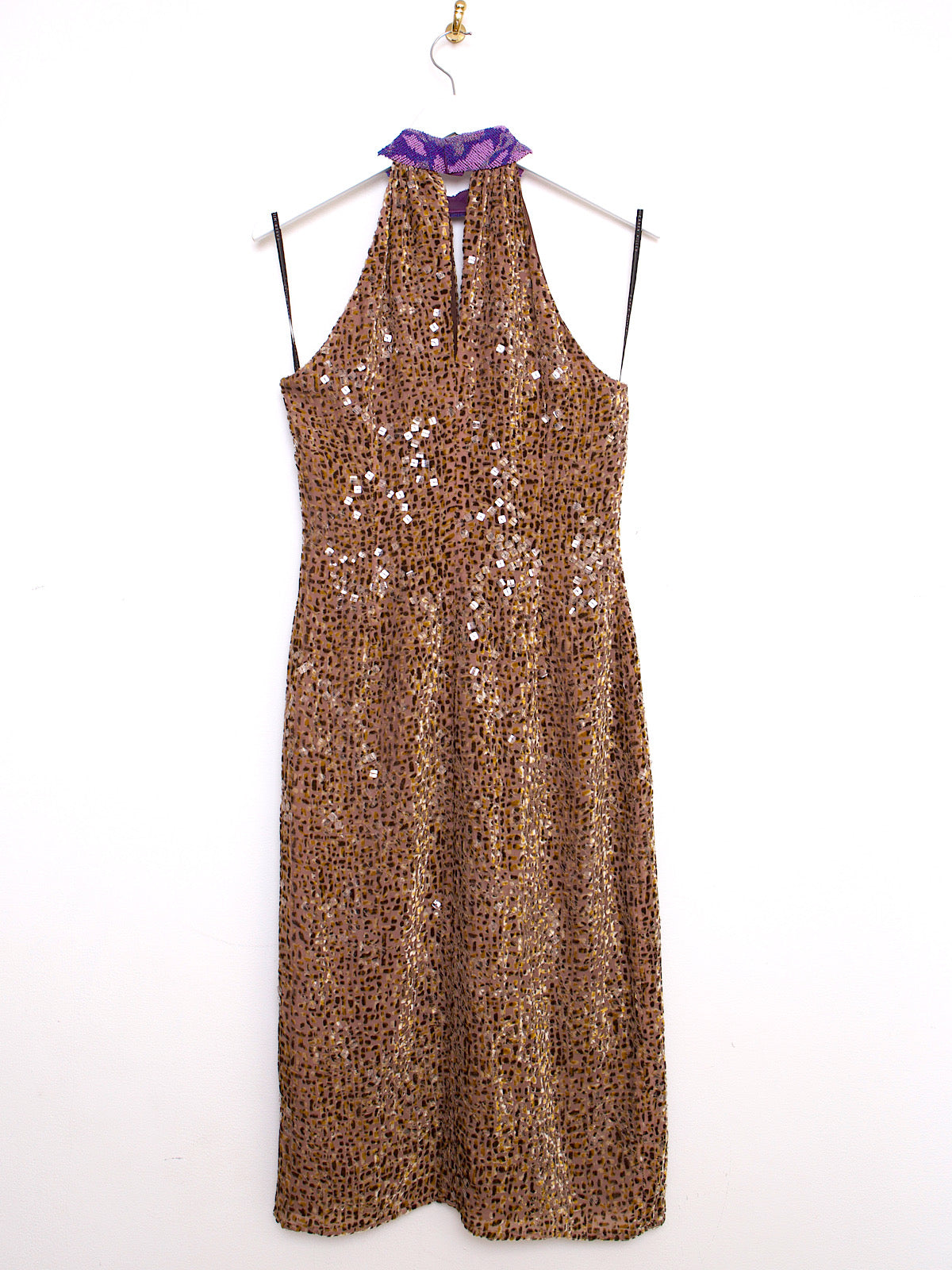 Vintage style sleeveless party dress with leopard print beads and sequins, halter neck and purple silk velvet trim.