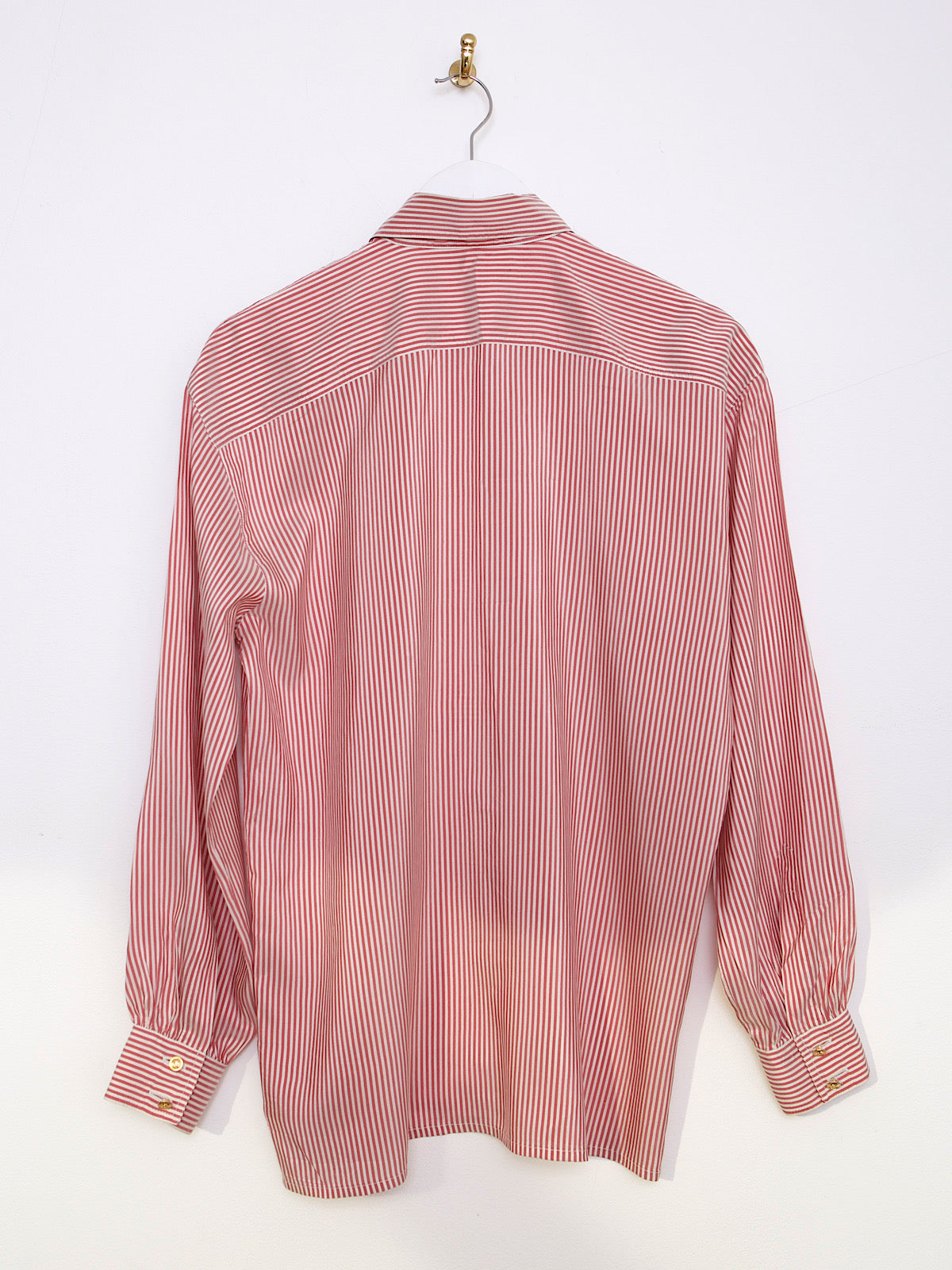 Vintage Escada silk shirt with red stripes and gold buttons, long sleeves.