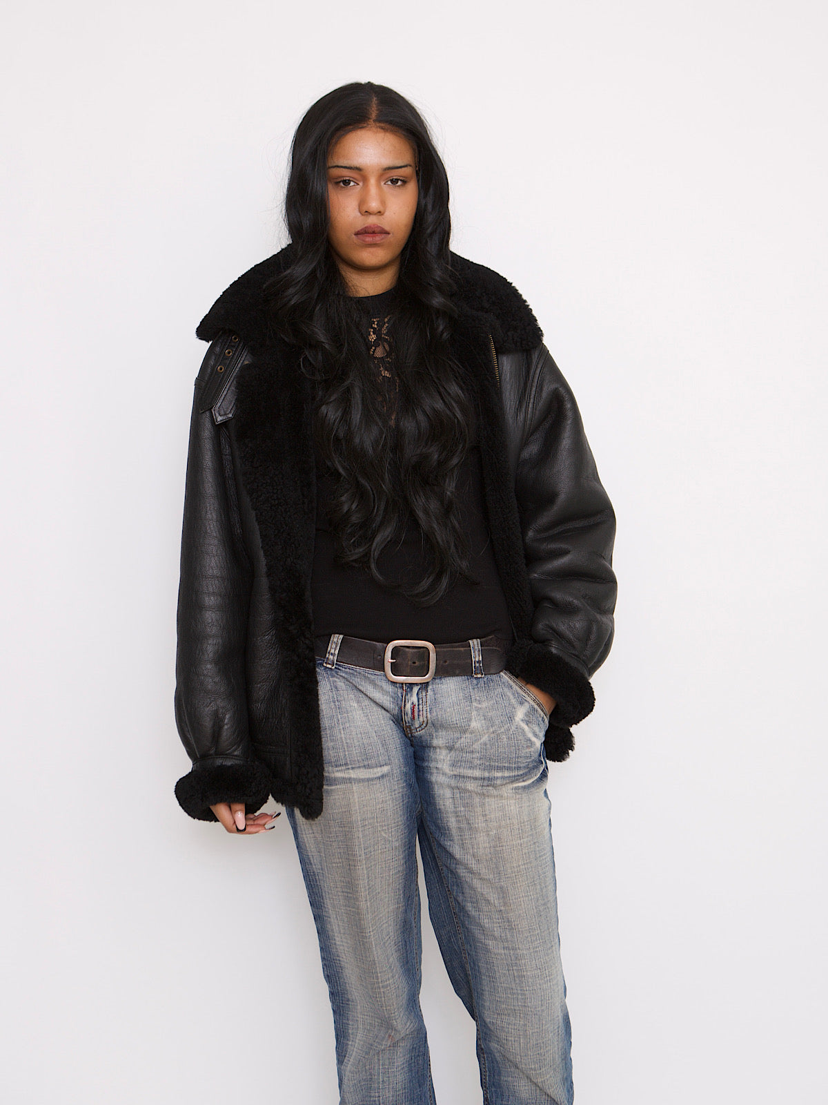 VINTAGE BLACK LEATHER SHEARLING FLYING JACKET