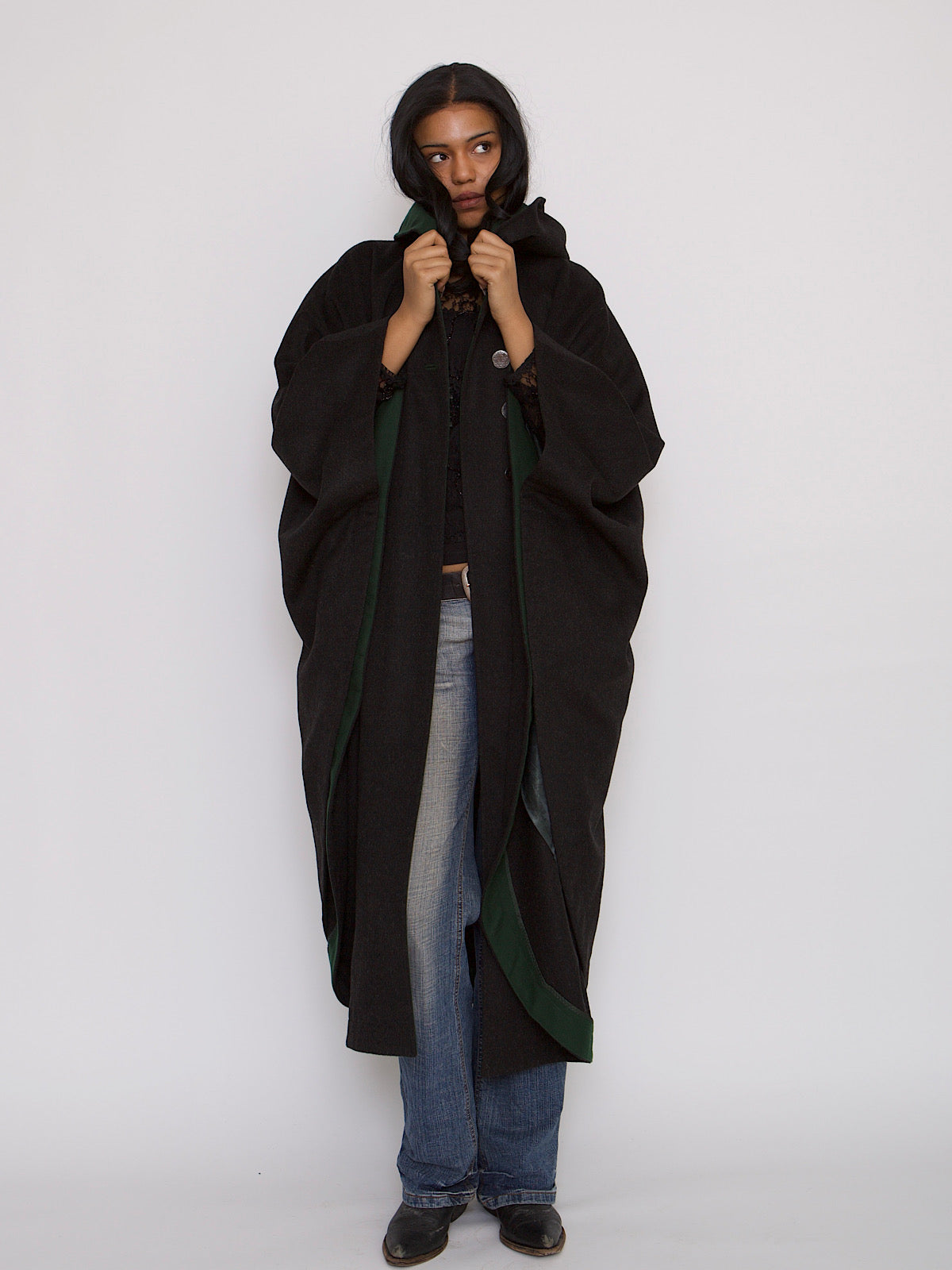 VINTAGE PURE WOOL CAPE HOODED IN GREY AND GREEN