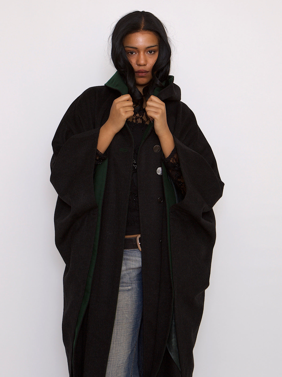 VINTAGE PURE WOOL CAPE HOODED IN GREY AND GREEN