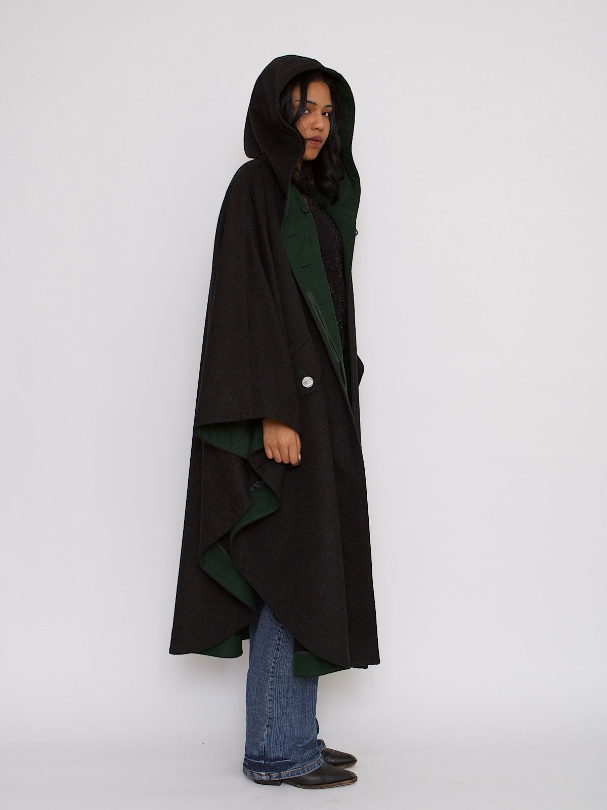 VINTAGE PURE WOOL CAPE HOODED IN GREY AND GREEN