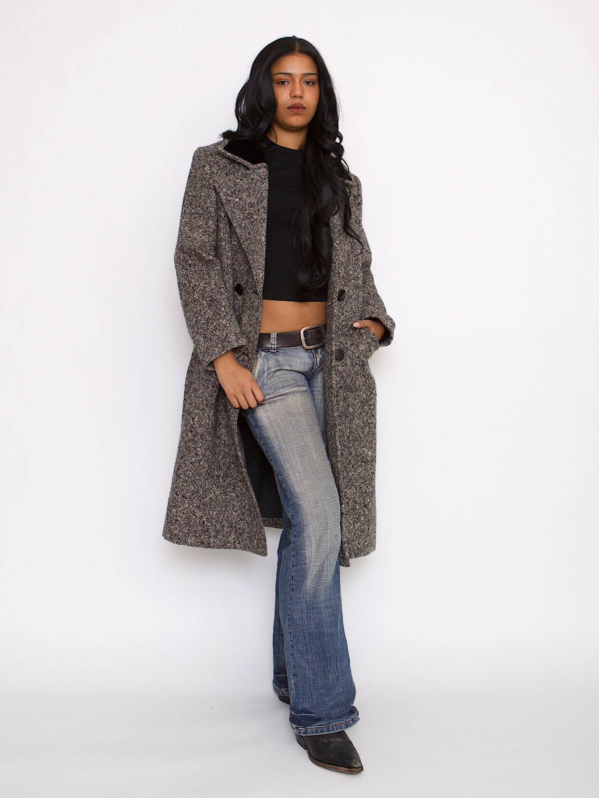 VINTAGE BLACK AND WHITE TWEED COAT DOUBLE BREASTED