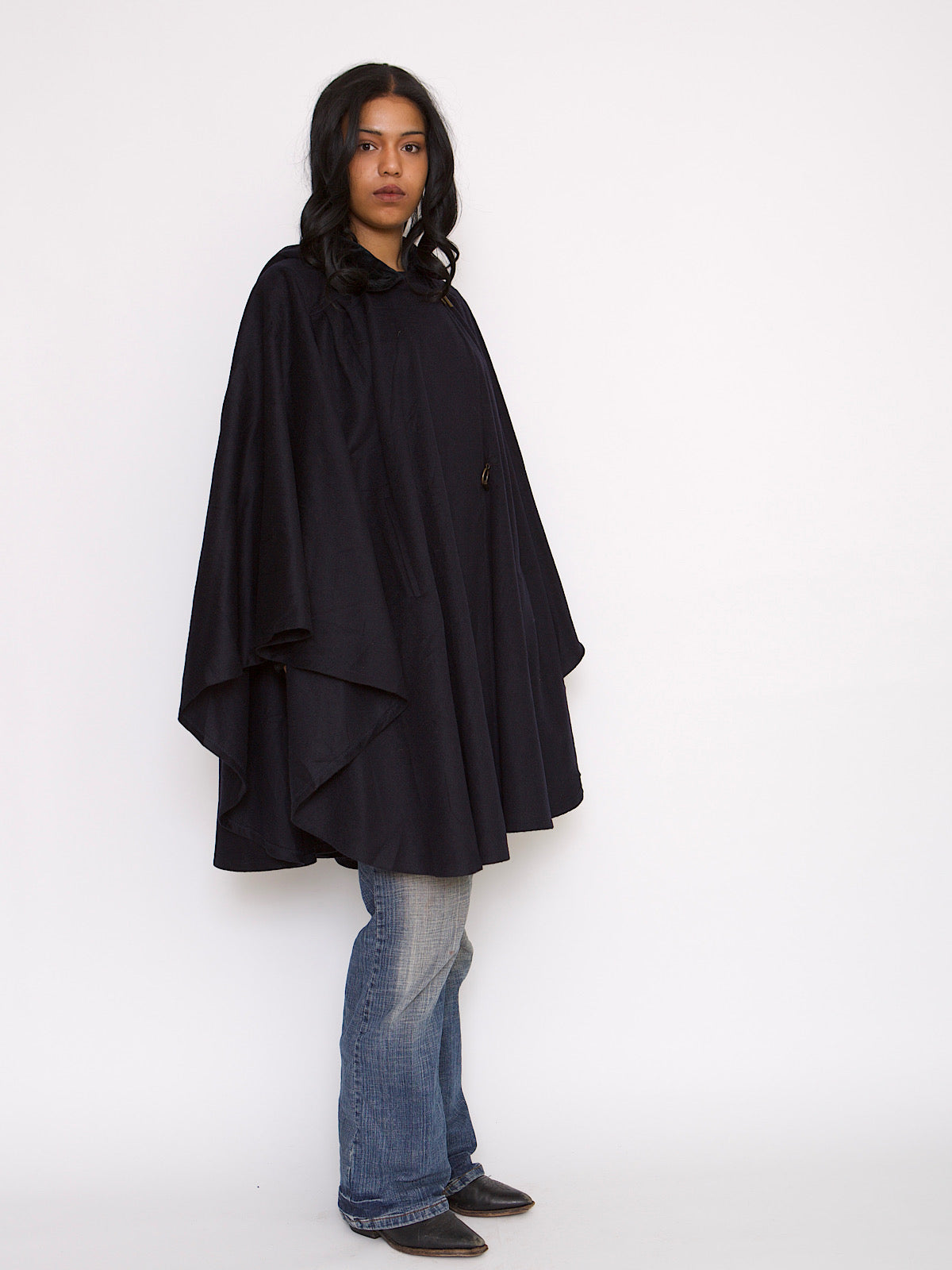 VINTAGE NAVY CAPE MID LENGTH BLACK VELVET COLLAR & HOOD