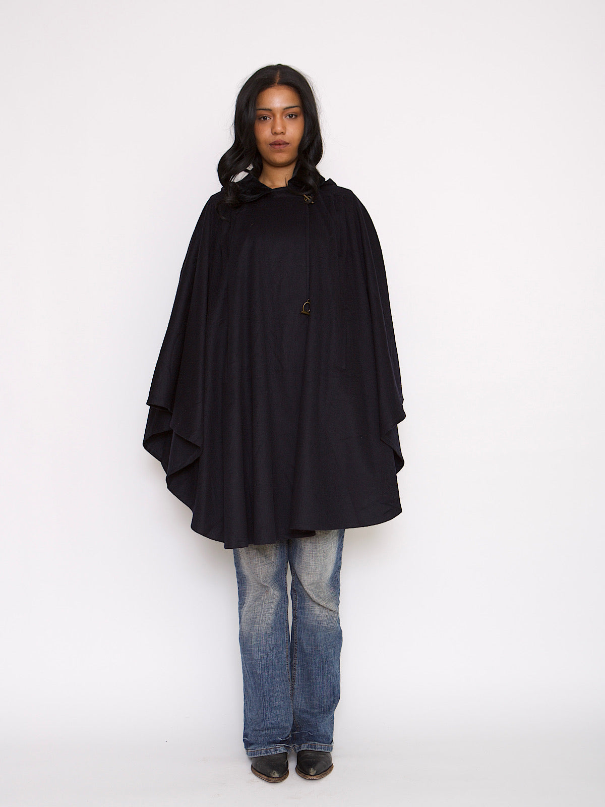 VINTAGE NAVY CAPE MID LENGTH BLACK VELVET COLLAR & HOOD