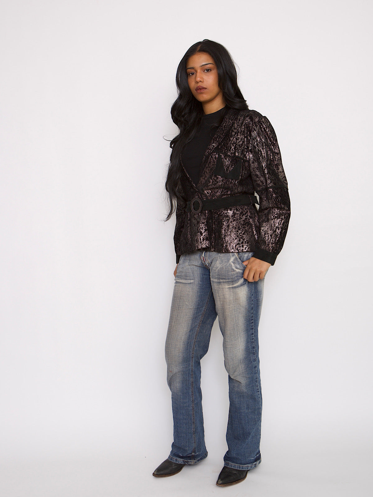 Y2K VINTAGE BLACK & SILVER SUEDE BELTED JACKET