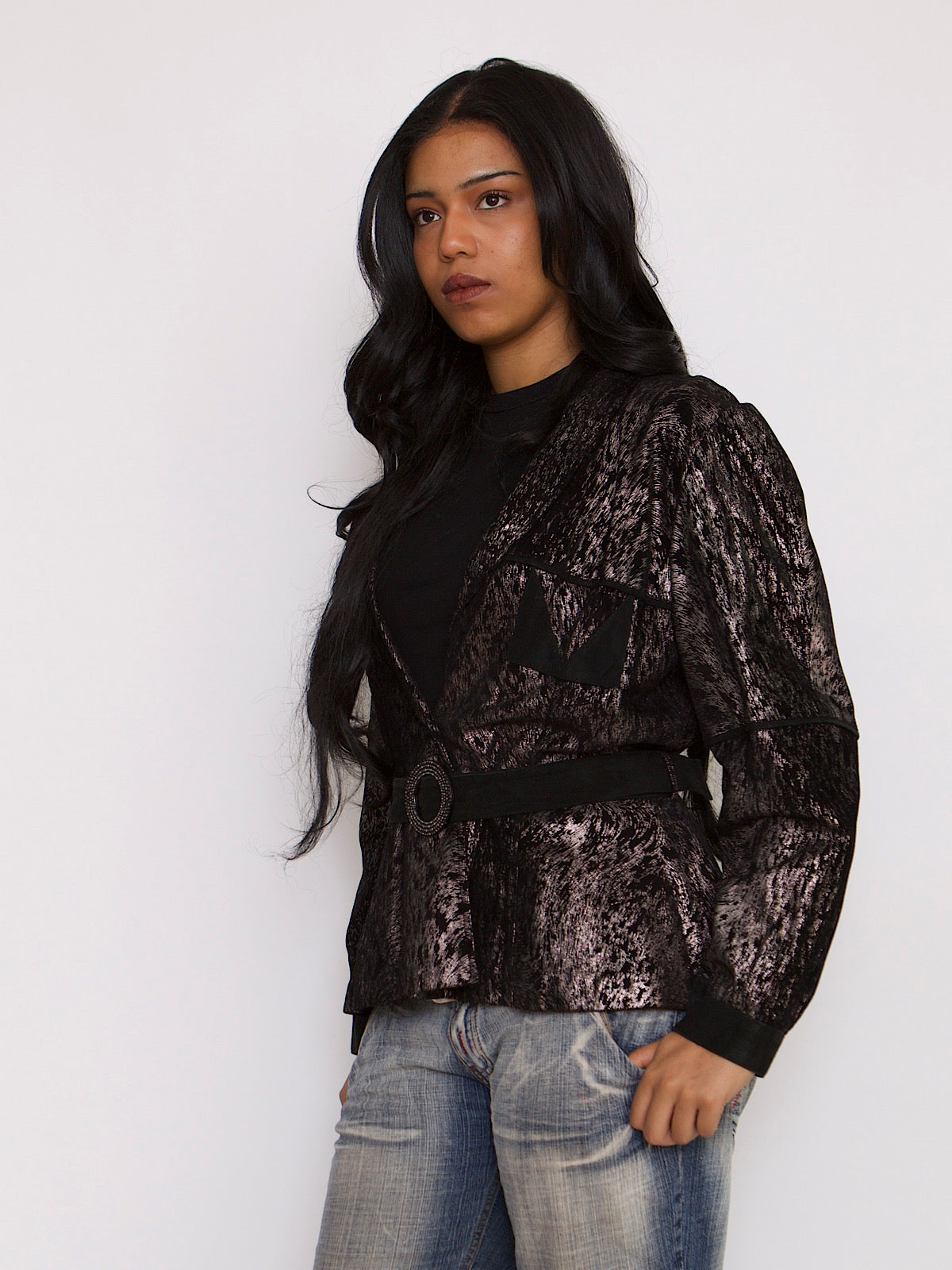 Y2K VINTAGE BLACK & SILVER SUEDE BELTED JACKET