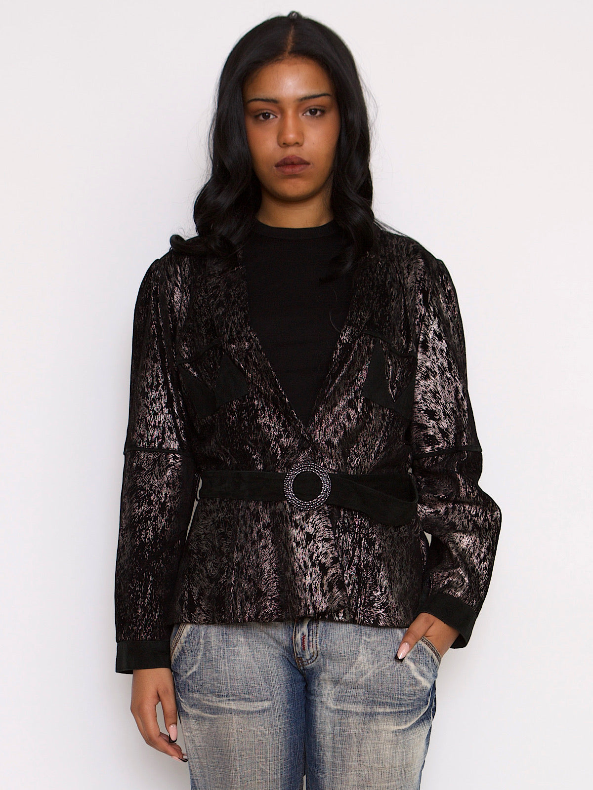 Y2K VINTAGE BLACK & SILVER SUEDE BELTED JACKET