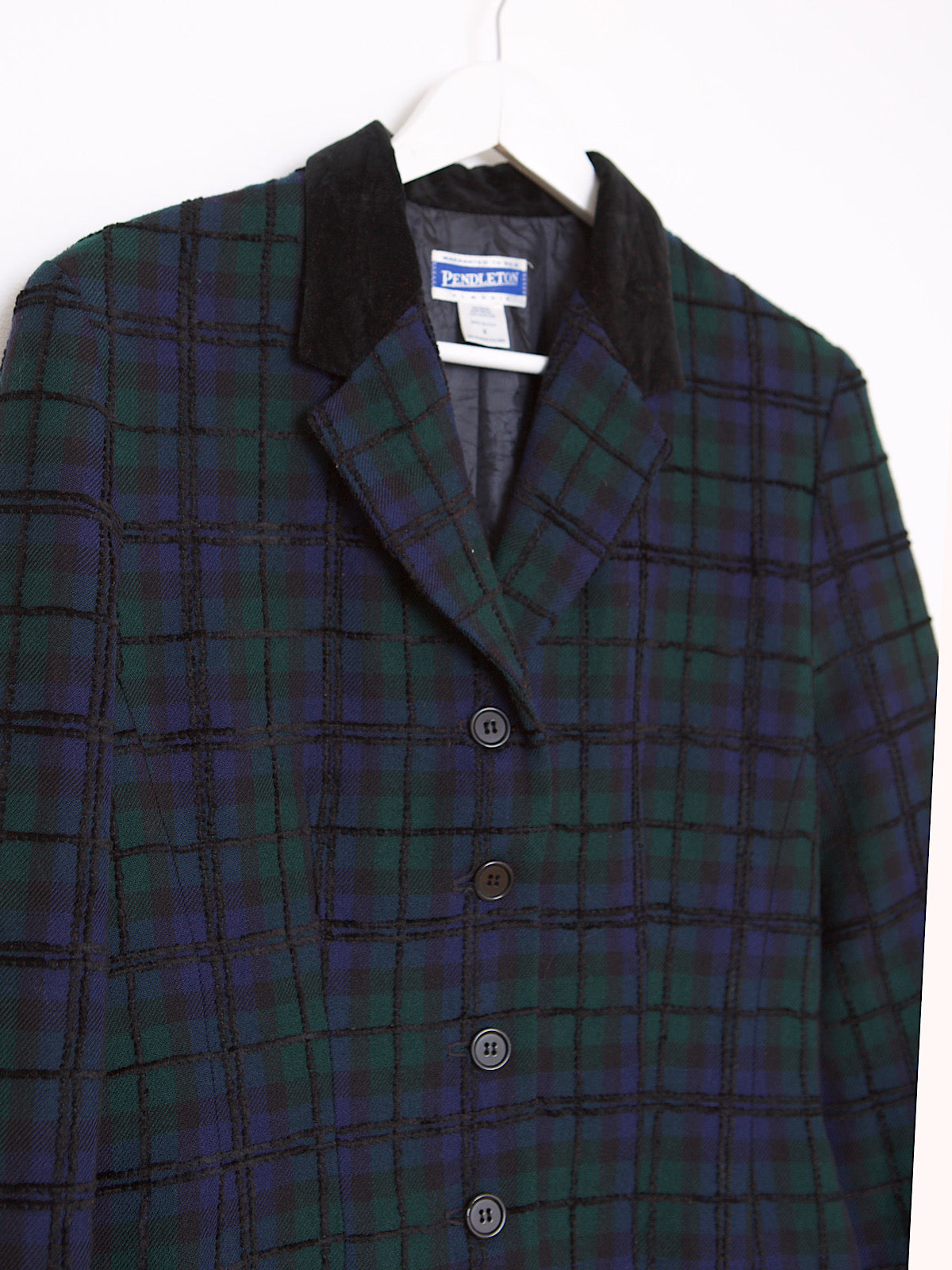90S VINTAGE GREEN & NAVY TARTAN FITTED BLAZER