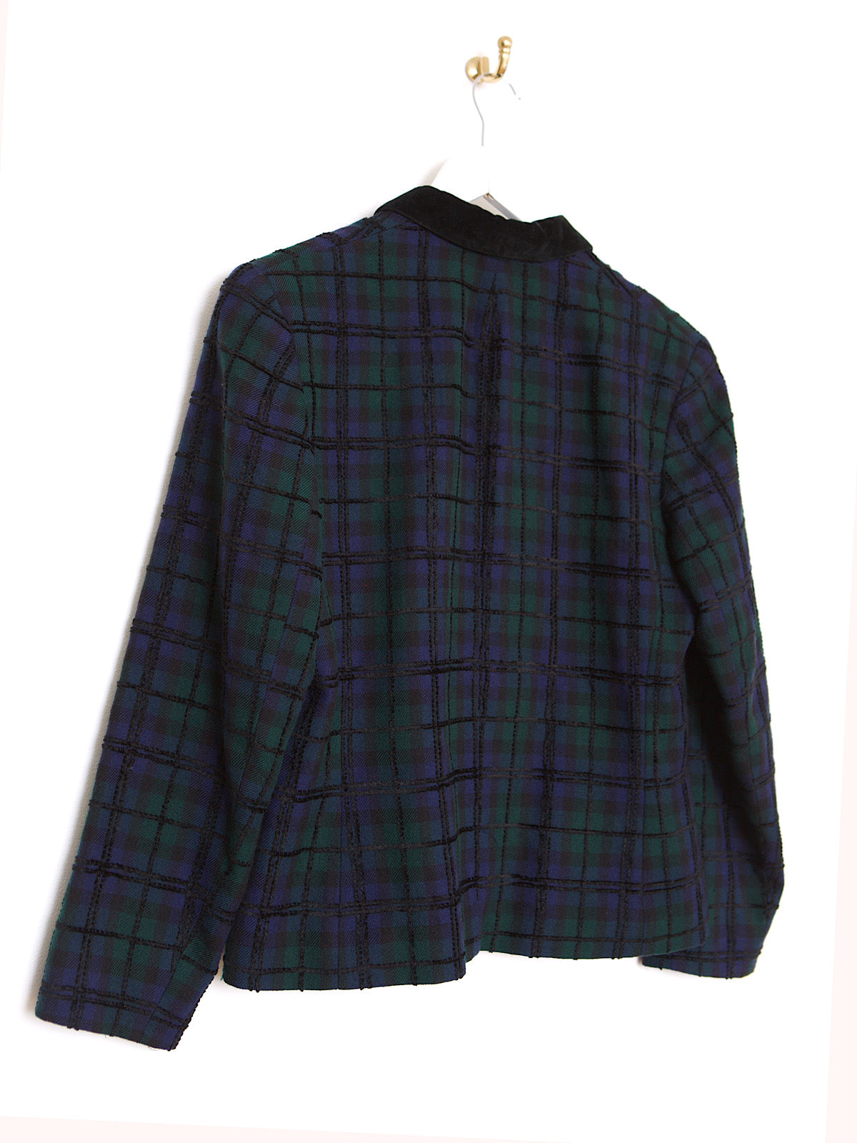 90S VINTAGE GREEN & NAVY TARTAN FITTED BLAZER