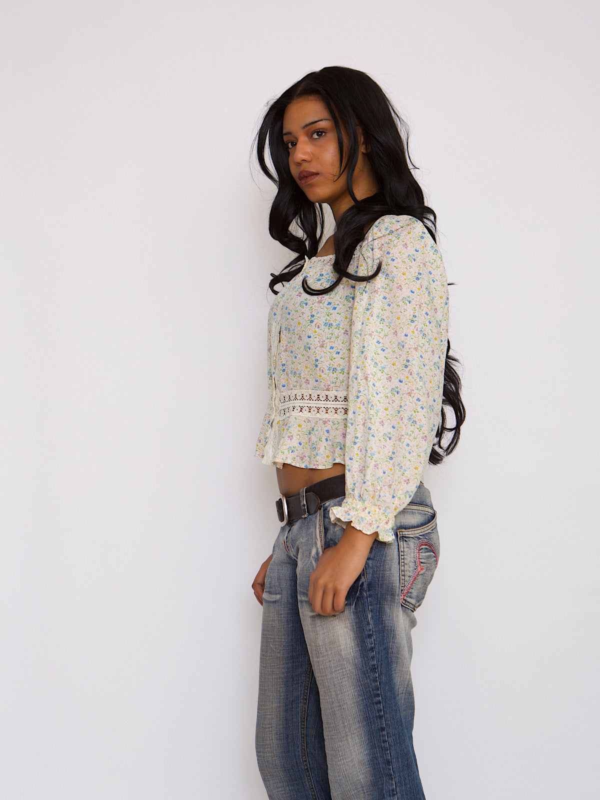 VINTAGE FLORAL CROPPED BLOUSE LARGE SQUARE NECK