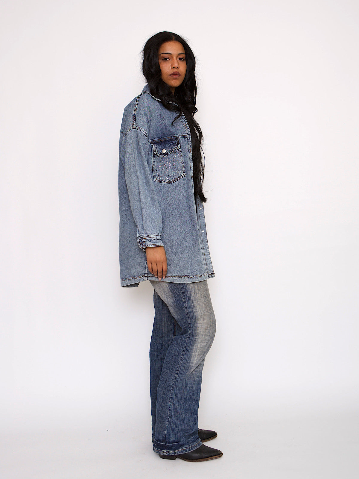 VINTAGE OVERSIZED MAXI DENIM SHIRT WITH CRYSTALS